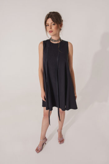 Navy blue dress with a belt A shaped from above • Sassa Björg