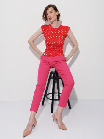 red polka dot body hugging top sitting full • Sassa Björg