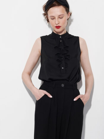sleeveless black jabot ruffle top front crop • Sassa Björg