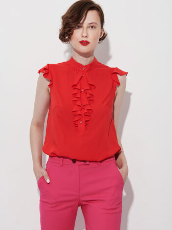 sleeveless crimson red jabot ruffle top main • Sassa Björg