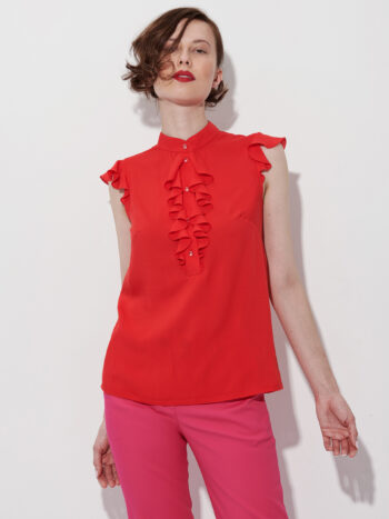 sleeveless crimson red jabot ruffle top untucked • Sassa Björg