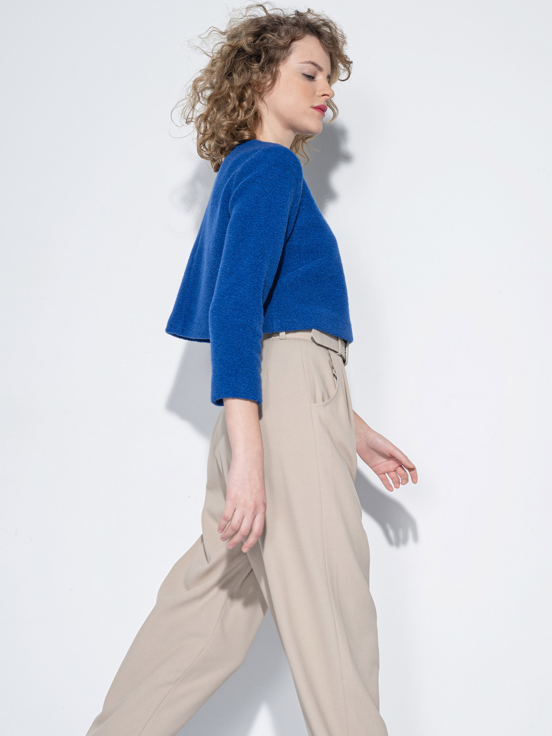 royal blue wool boucle crop top side walking • Sassa Björg