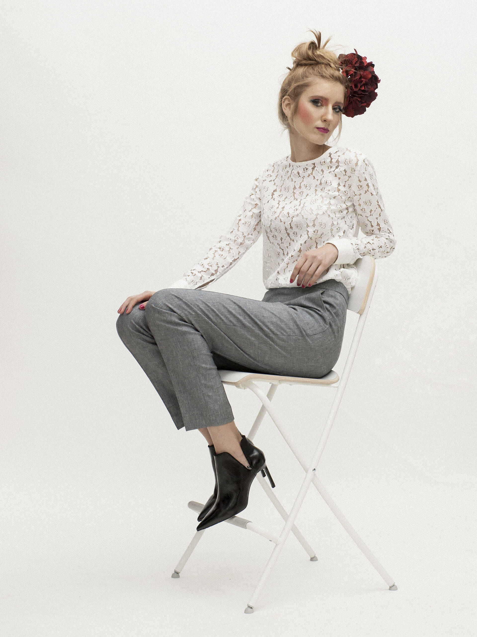 white lace blouse legs up • Sassa Björg