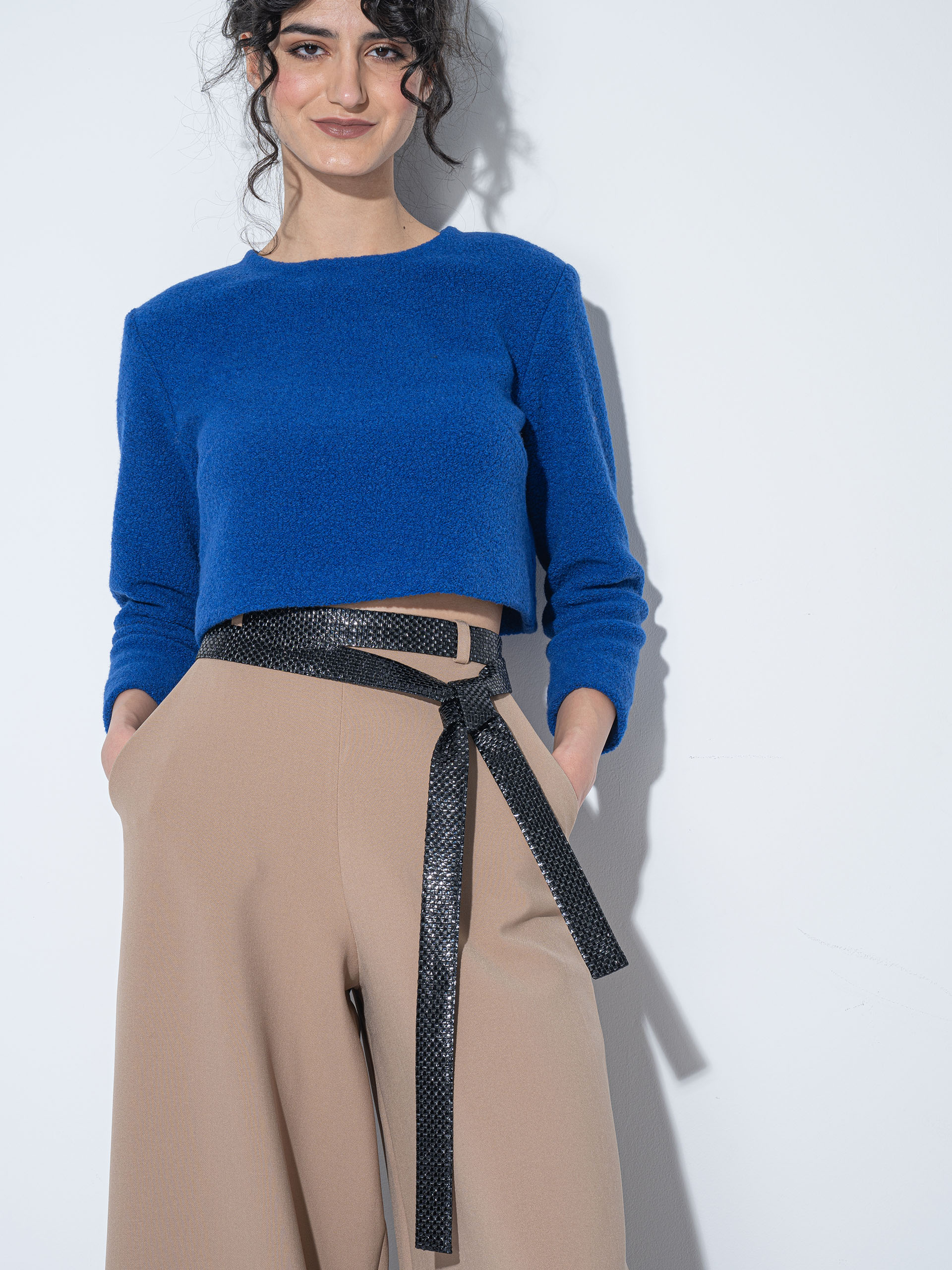 beige skirt pants glossy black sash • Sassa Björg