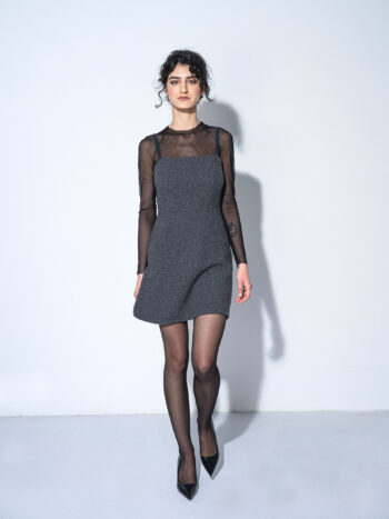 charcoal fitted pinafore dress walking • Sassa Björg