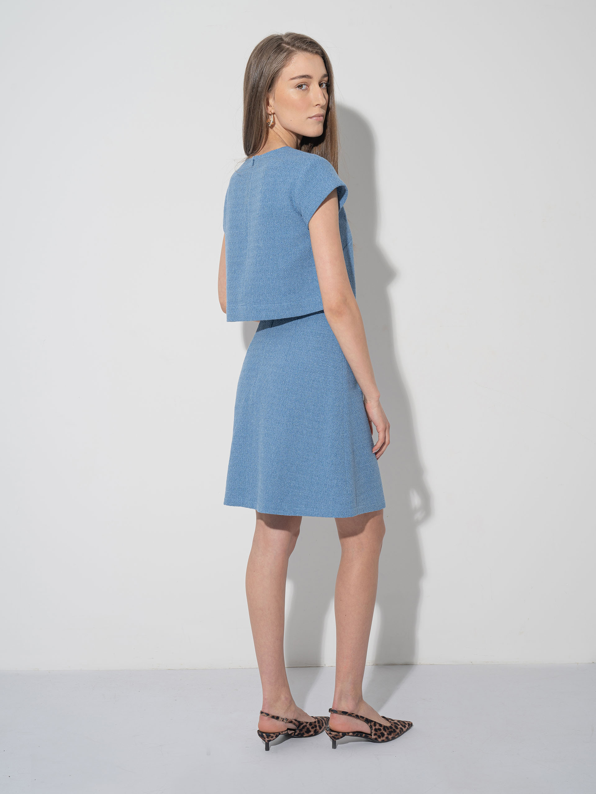 mini tweed skirt box pleat blue back • Sassa Björg