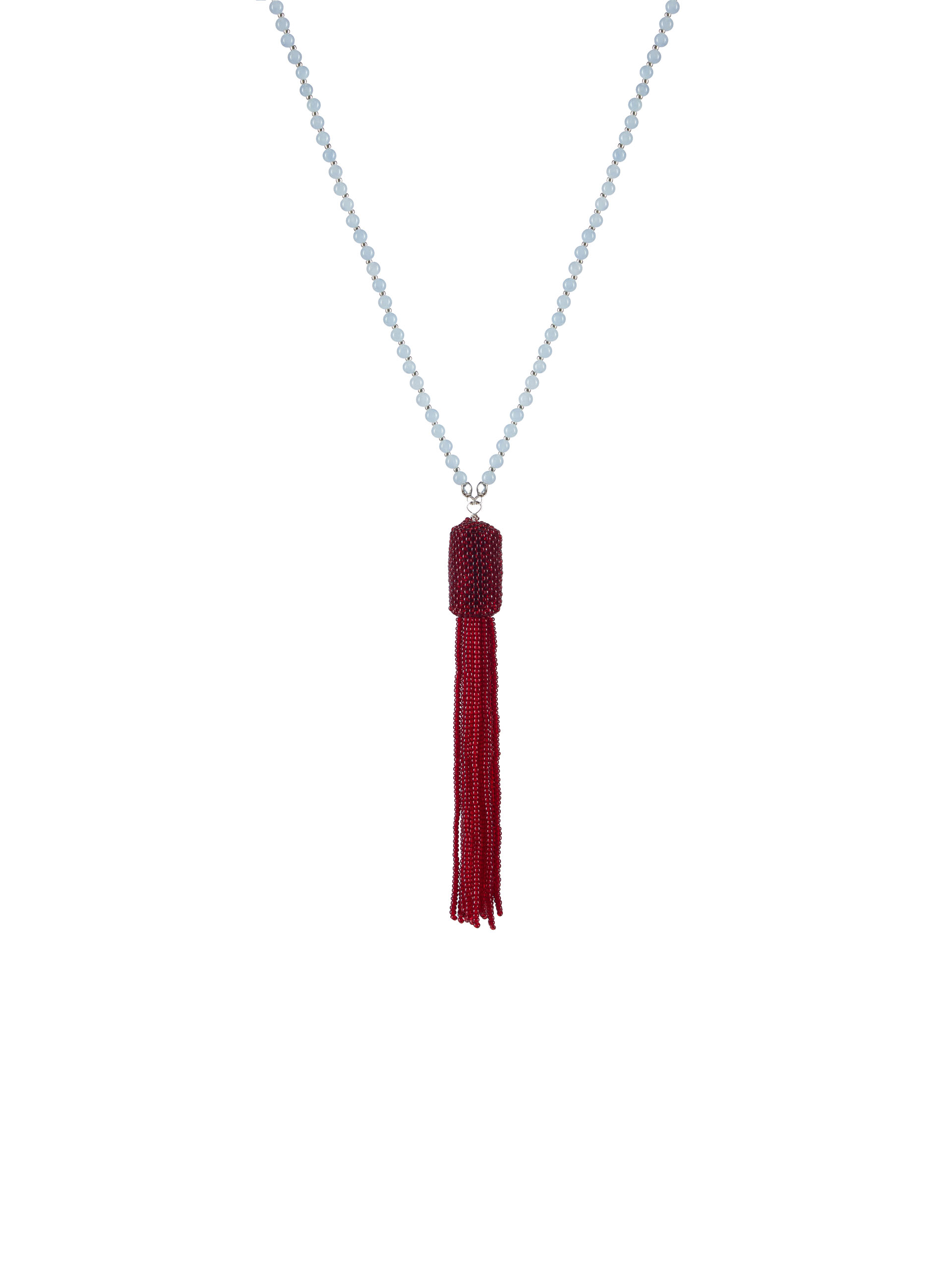 aquamarine beaded necklace bordeaux tassel main • Sassa Björg