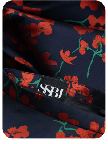 navy floral jacquard maxi skirt with structured silhouette fabric